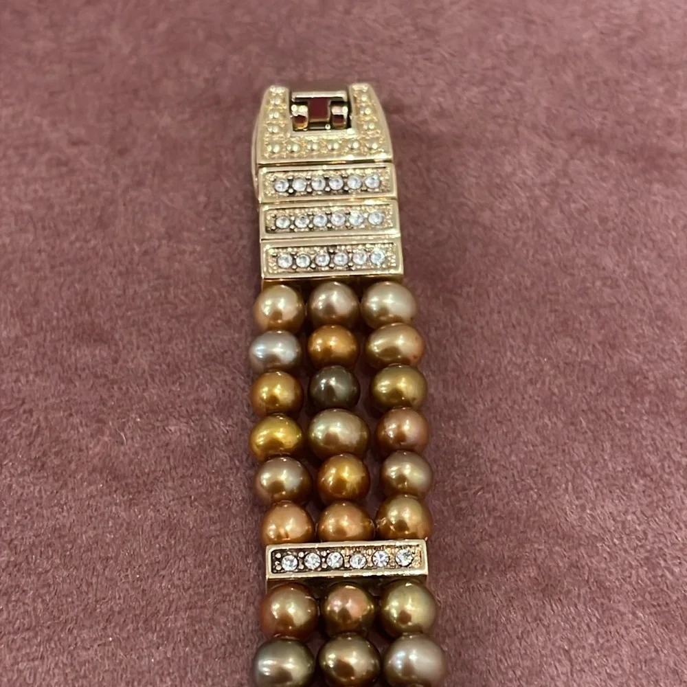 Gold Tone Three Strand Bracelet with Cultured Pearls and Rhinestones